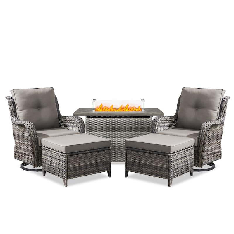 Fire Pit Table with Patio Glider Chairs Ottomans Grey-Grey - Grey