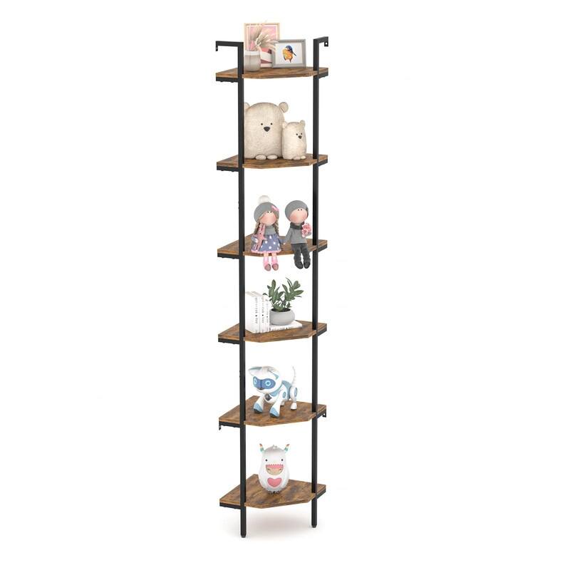 Rustic Brown Wall Mounted Corner Shelf - 11.81"D x 11.81"W x 70"H - Brown