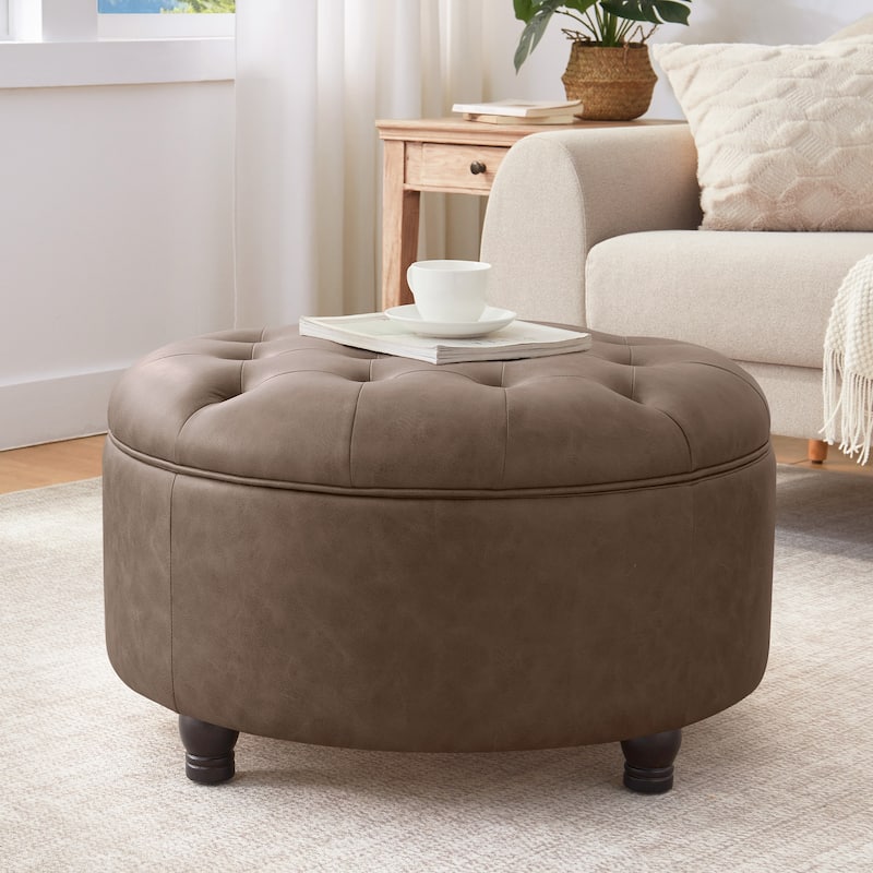 Tufted Round Storage Ottoman, Faux Leather