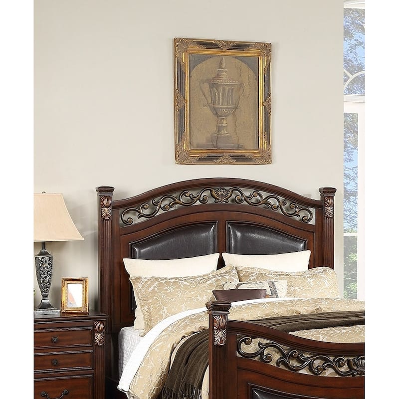 Traditional Style 1pc Bed Set Floral Design Bun Feet Dark Cherry Finish