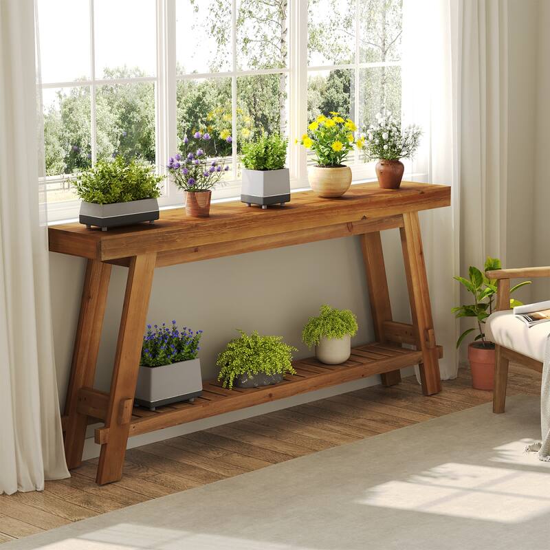 63 Inch Long Solid Wood Console Table with Shelf for Entryway