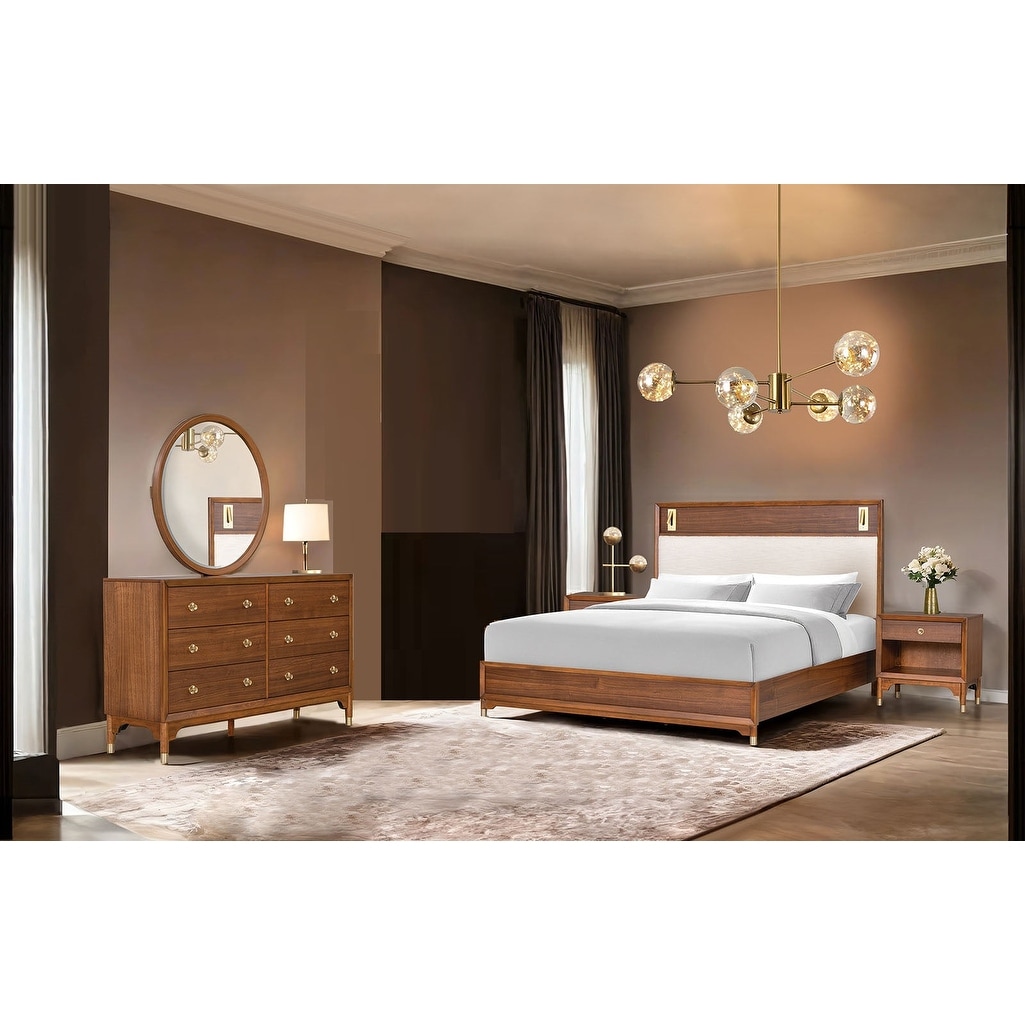 Bedroom Set 4pc Walnut Finish Contemporary Bed with Nightstand Dresser Mirror