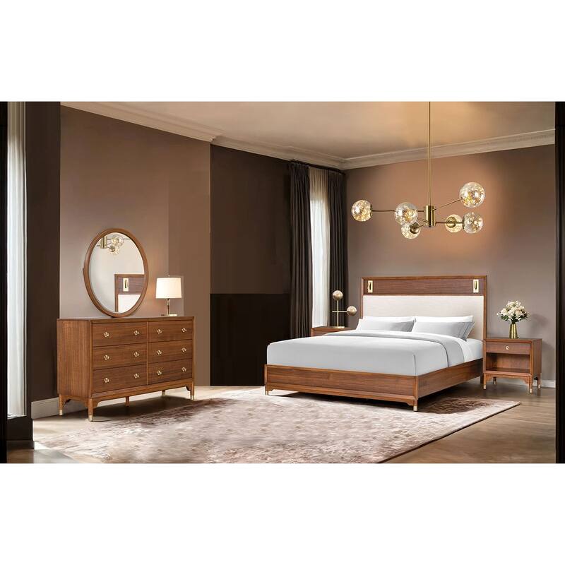 Bedroom Set 4pc Walnut Finish Contemporary Bed with Nightstand Dresser Mirror