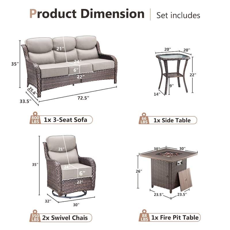 Pocassy 5 Pieces Outdoor 6" Sofa Swivel Chair with Fire Pit Table