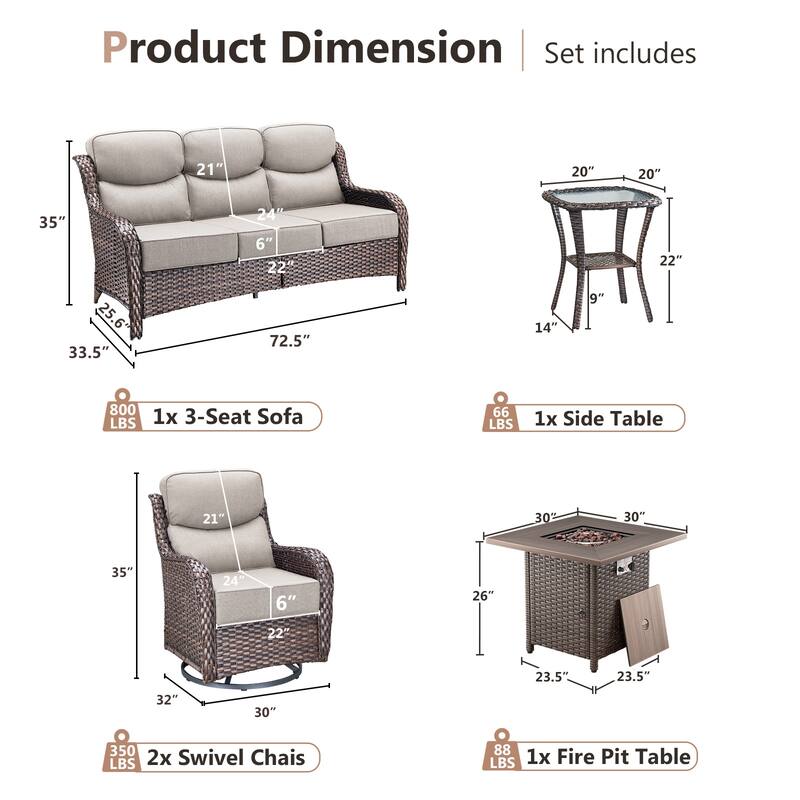 Pocassy Outdoor 6" Sofa Swivel Chair with Fire Pit Table