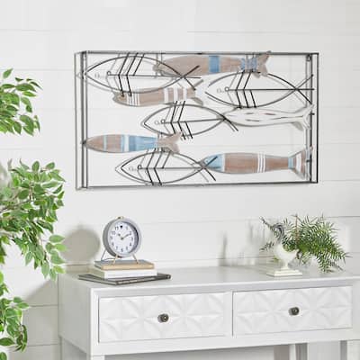 Brown Metal Striped Fish Home Wall Decor with Metal Wire Designs