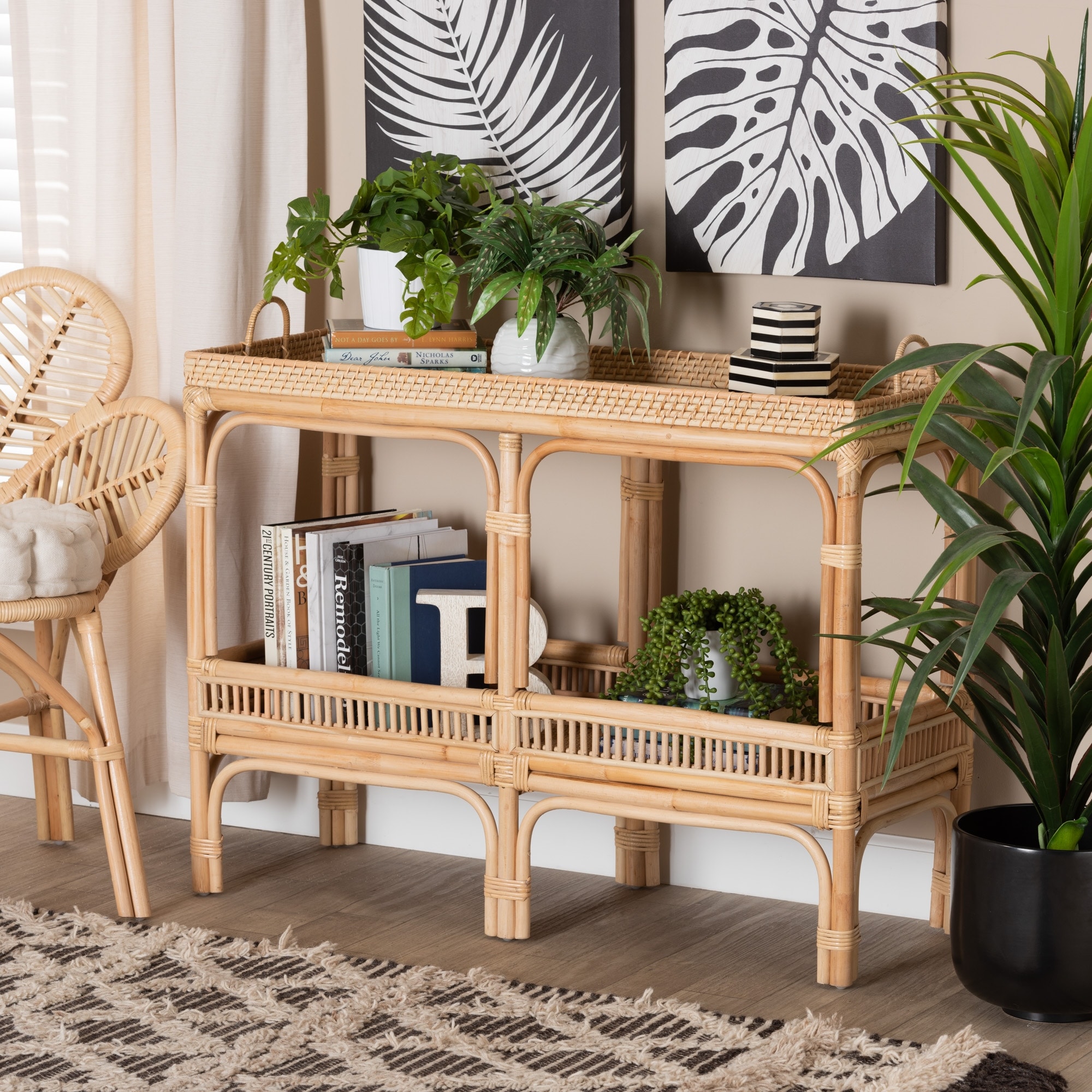Lombok Natural Rattan Console Table - Handwoven Wicker 2-Tier Accent Table with Raised Tray Top for Living Room or Entryway