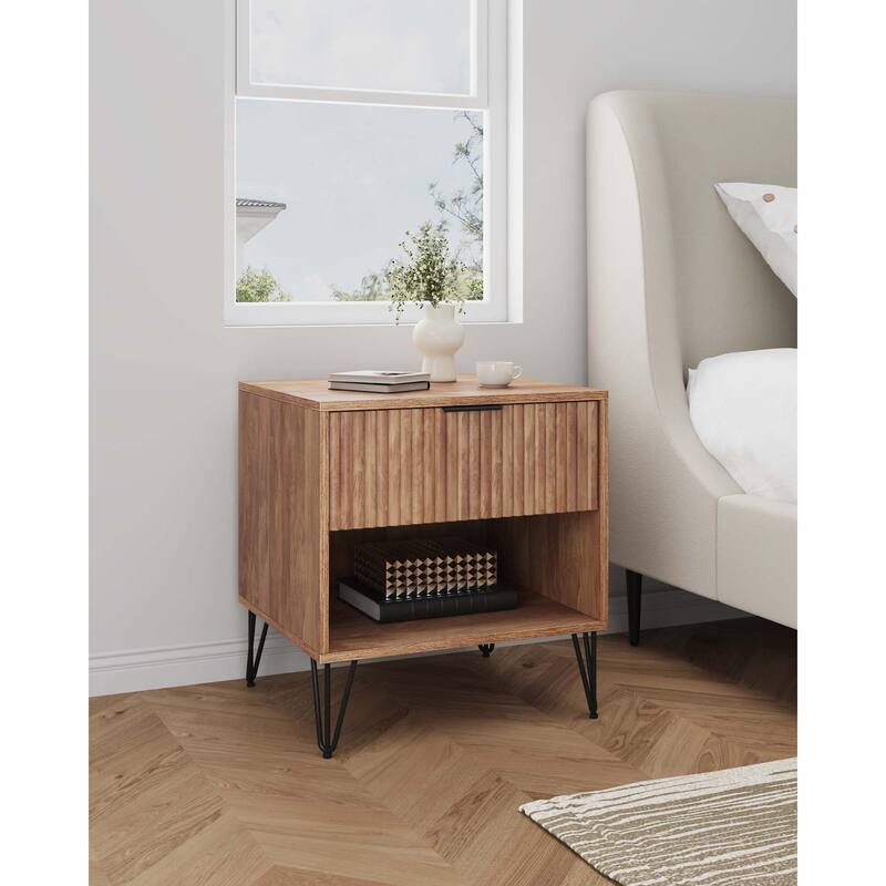 20" Fluted Nightstand with Single Drawer and Metal Legs Modern Design