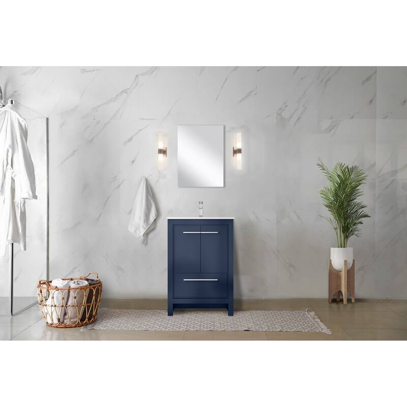24 in. Navy Blue Vanity with Cultured Marble Top, Rose Gold Faucet, and 18 in. Mirror - Bathroom Cabinet with Soft-Close Doors