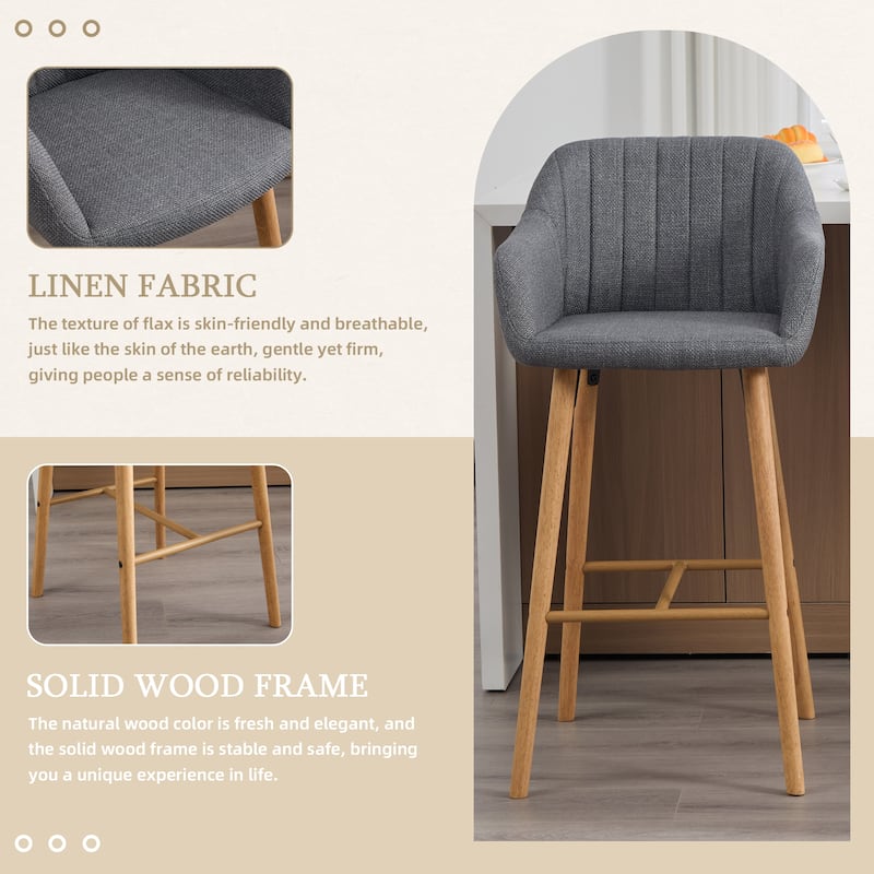 Modern Bar Stools Set of 2, Kitchen Island Tall Chairs with Back, Arm, Footrest and Solid Wood Leg, Upholstered Bar Stools