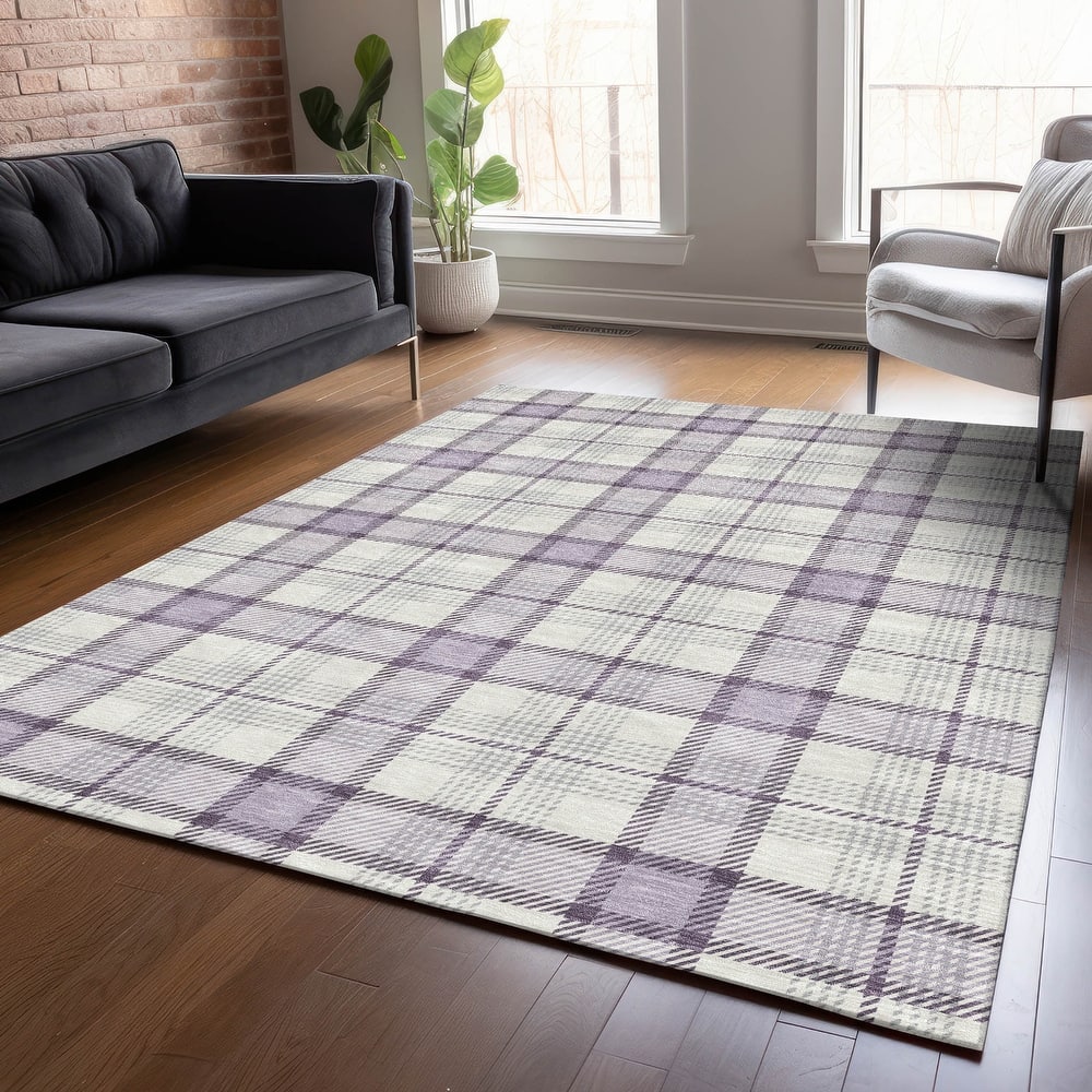 Machine Washable Indoor/ Outdoor Casual Plaid Chantille Rug
