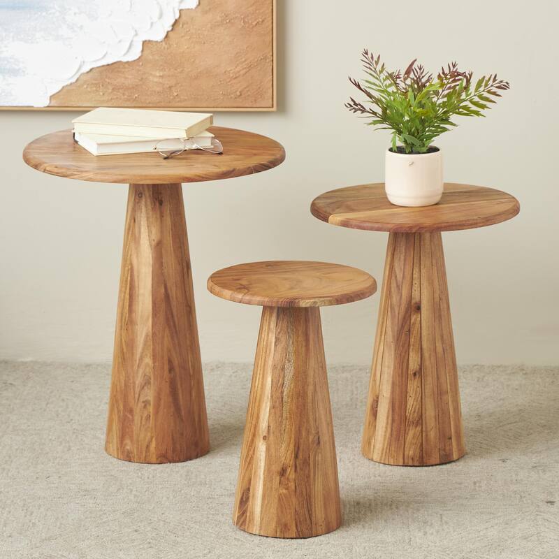 Brown or Light Brown Wood Side End Accent Table with Natural Wood Grains and Cone Shaped Bases (Set of 3) - Brown