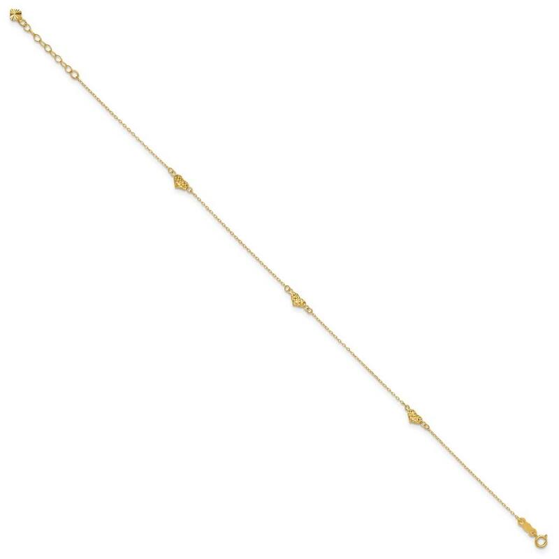 Curata Women's 14k Polished Sparkle-Cut Triple Puffed Hearts Anklet - 9 + 1 Inch