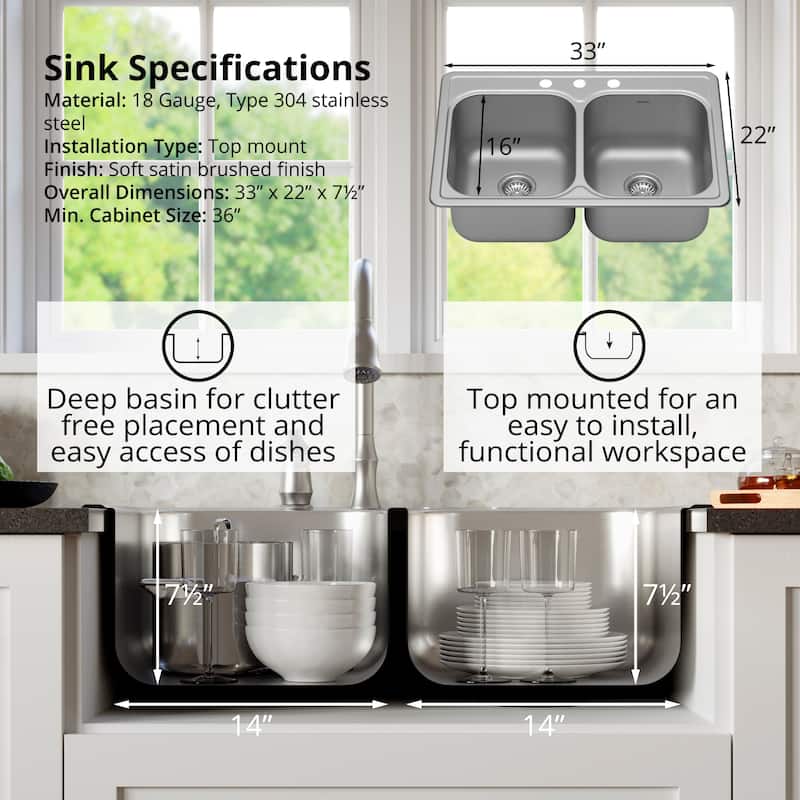 Karran 33" Top Mount 18-Gauge Stainless Steel Double Bowl Kitchen Sink Kit