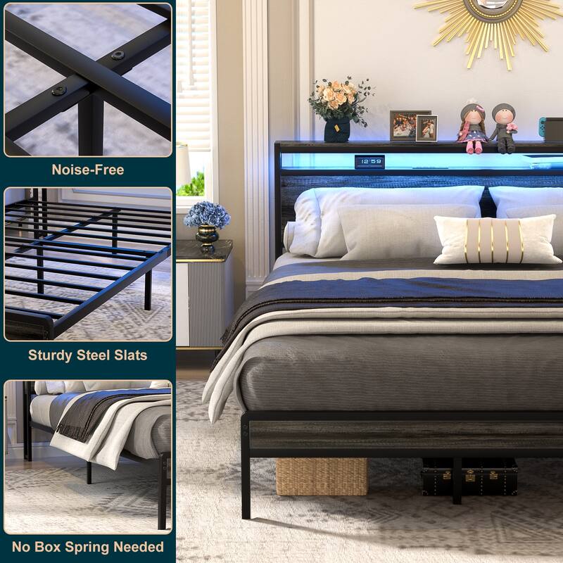 Farmhouse Wood Platform Bed Frame with Charged Station and LED Lights