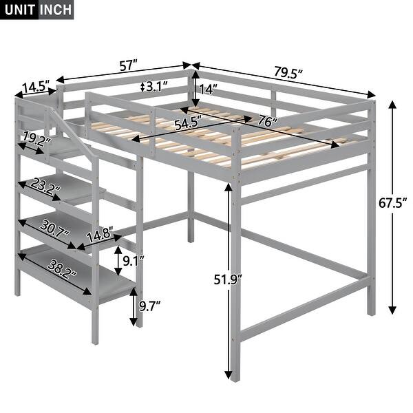 Loft Gray Bed Full Loft Bed with Shelves Stairs, Hanger Underneath