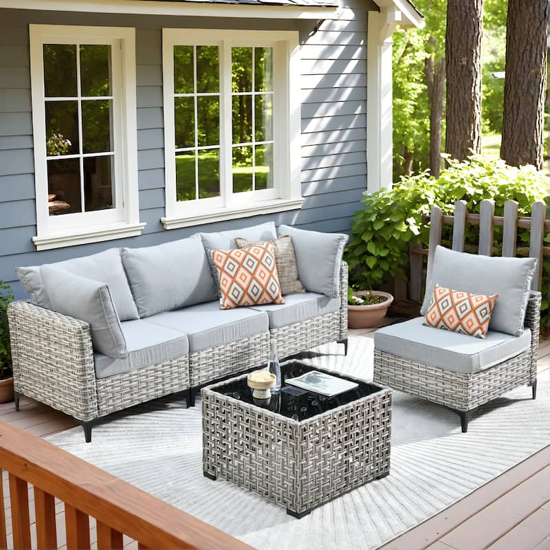 OVIOS 5 Pieces Outdoor Wicker Furniture Set With Solar-Powered Coffee Table