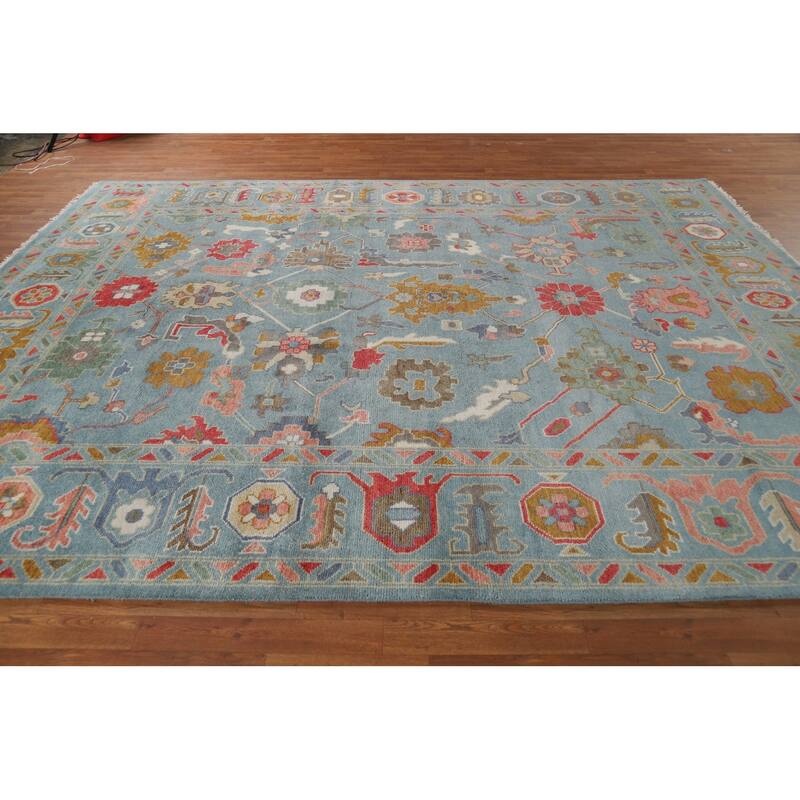 All-Over Blue Oushak Oriental Area Rug Hand-Knotted Wool Carpet - 9'2"x 11'11"