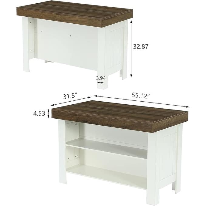55" Two-Tone Farmhouse Kitchen Island with Storage Shelves