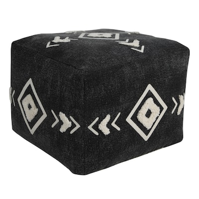 18-Inch Black Cotton Pouf Ottoman with Geometric Design for Living Room