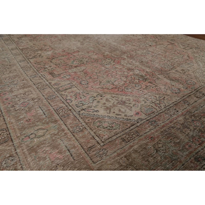 Pink Geometric Tabriz Persian Vintage Rug Hand-Knotted Wool Carpet - 6'8" x 9'2"