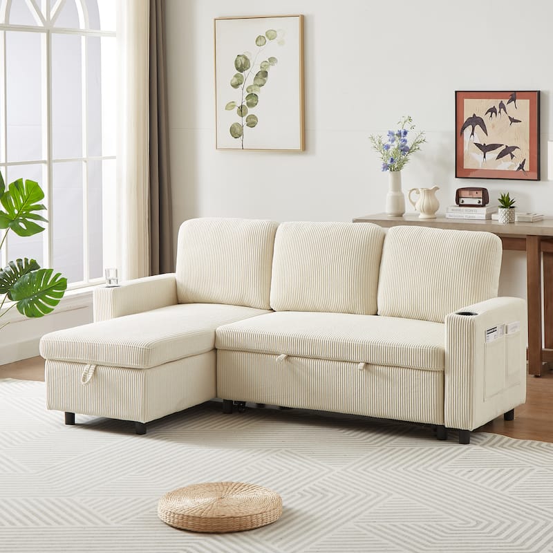 L-Shaped Corduroy Sofa Bed with Pull-Out Sleeper, Reversible Design - Beige