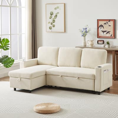 L-Shaped Corduroy Sofa Bed with Pull-Out Sleeper, Reversible Design