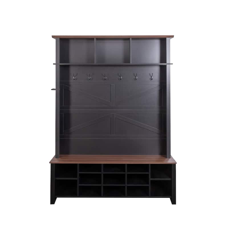Farmhouse 4-in-1 Hall Tree with 6 Hooks, Walnut Entryway Bench with Adjustable Shelves & 16 Open Compartments
