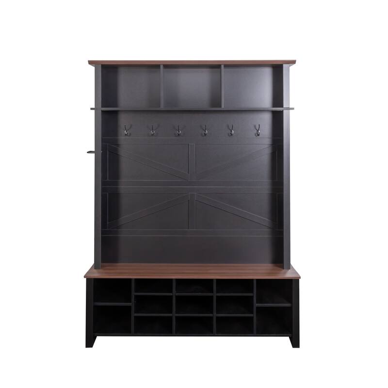 Versatile Farmhouse Entryway Organizer – 6-Hook Walnut Bench with Adjustable Shelves & 16-Compartment Shoe Storage