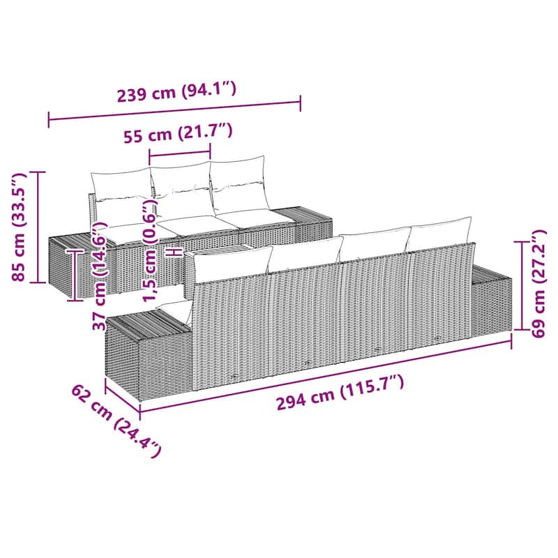 vidaXL 8 Garden Sofa Set with Cushions Black/Grey Poly Rattan - 115.7 x 24.4 x 27.2