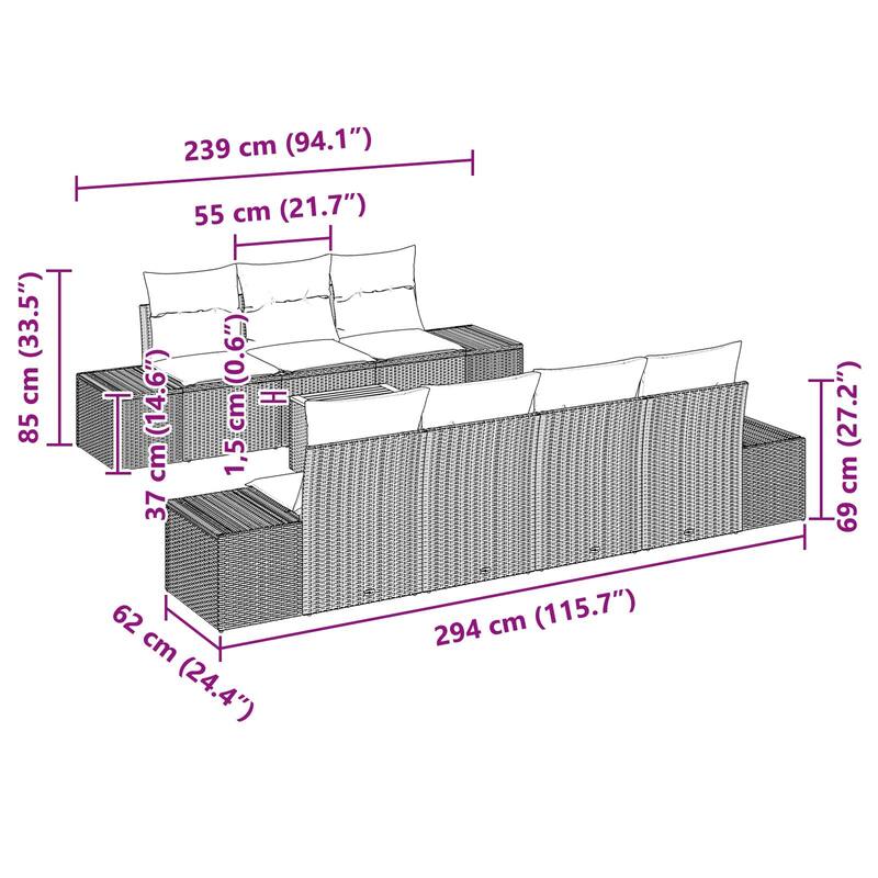 vidaXL 8 Piece Garden Sofa Set with Cushions Black Synthetic Wicker Acacia - 115.7×24.4×27.2