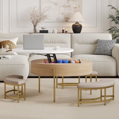 Modern Round Lift-Top Coffee Table with Hidden Storage & 3 Ottomans by Harper&Bright Designs
