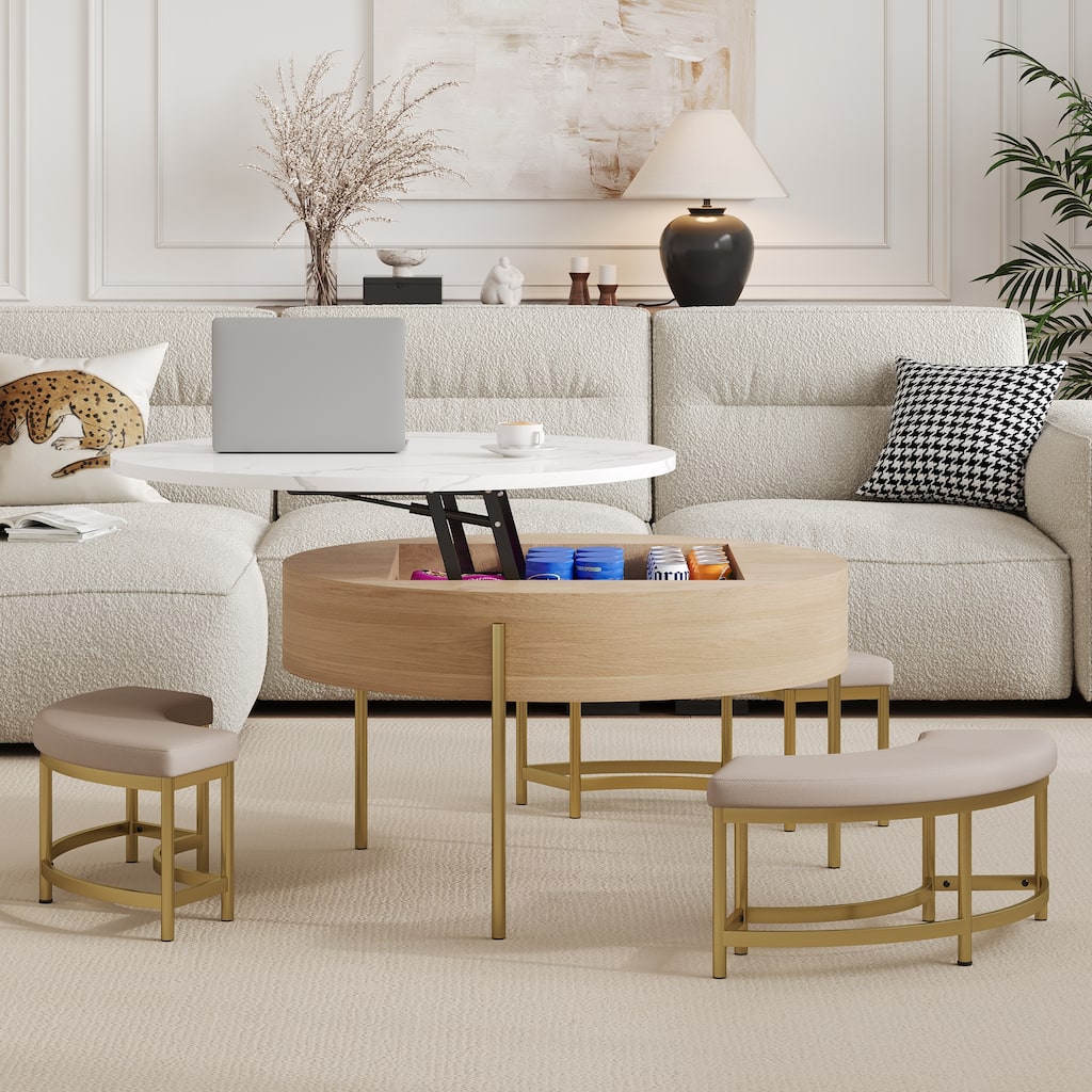 Modern Round Lift-Top Coffee Table with Storage & 3 Ottoman White & Natural