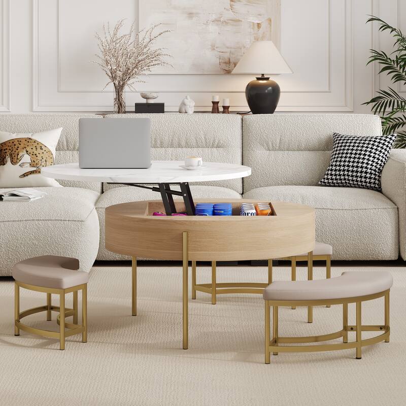 Round Lift-Top Coffee Table - Storage Compartment & 3 Ottoman Stools - Natural