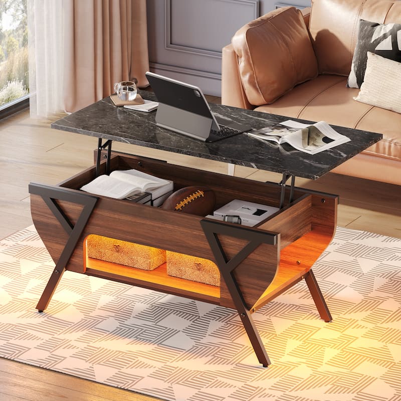 Lift-Top Coffee Table with LED Light and Storage Shelf - Walnut