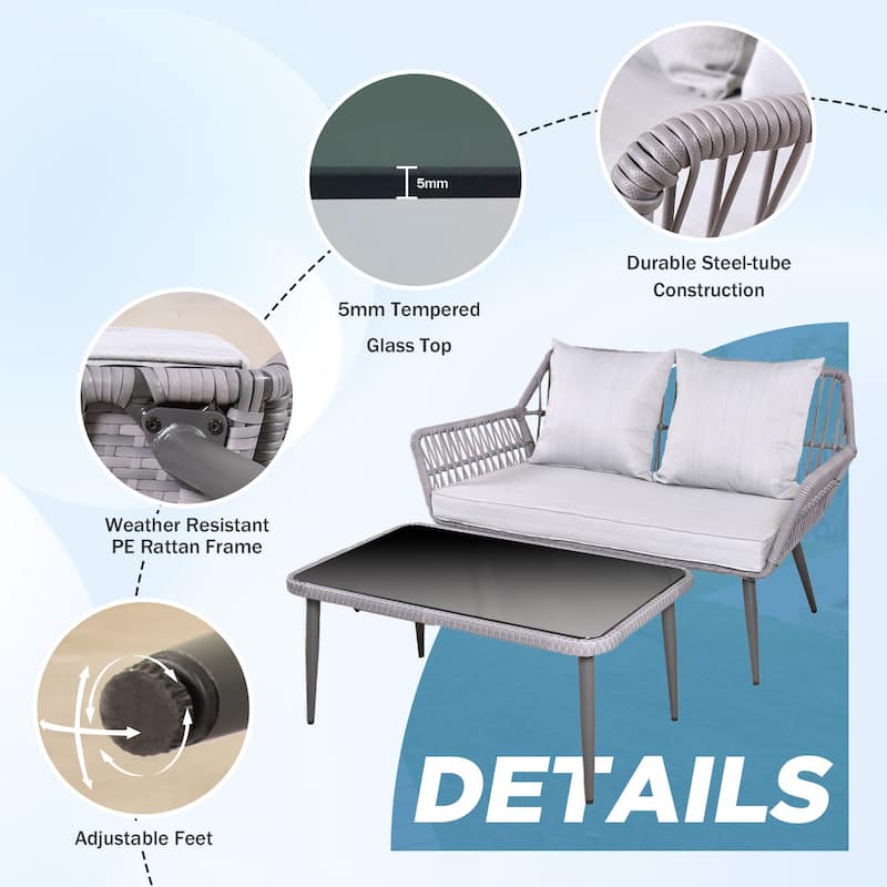 4 Piece Outdoor Patio Furniture Sets, Wicker Conversation Set for Porch Deck, Gray Rattan Sofa Chair with Cushion&Table