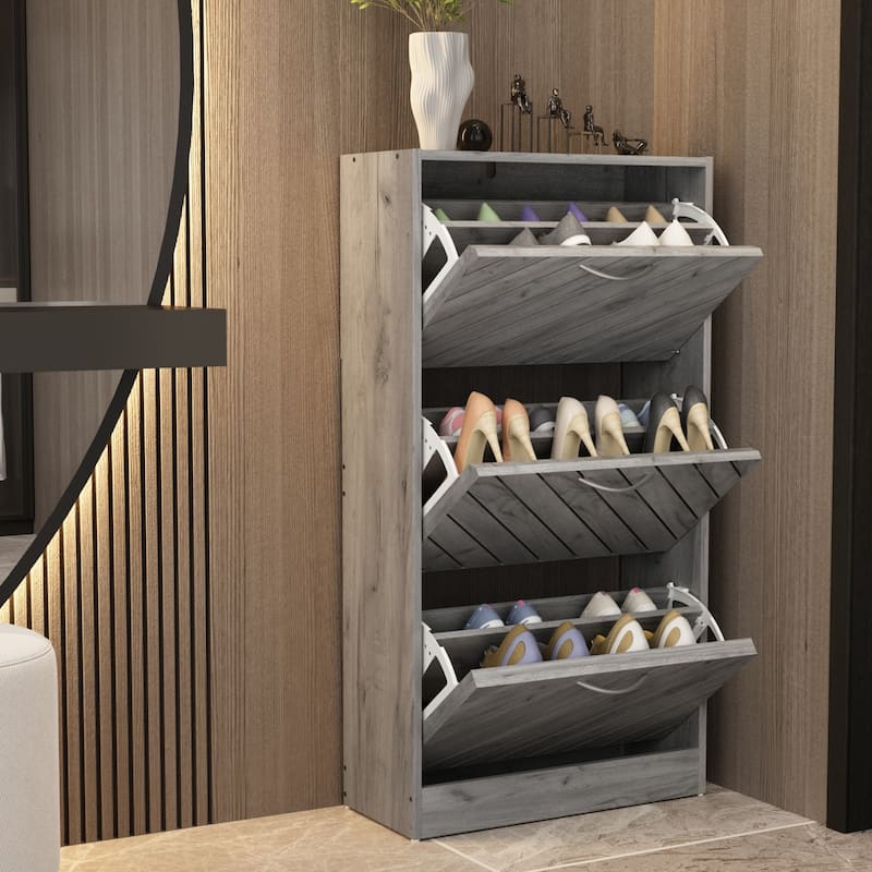 Kerrogee 18-Pair Shoe Storage Cabinet with 3 Flip Drawers Wood/ Grey