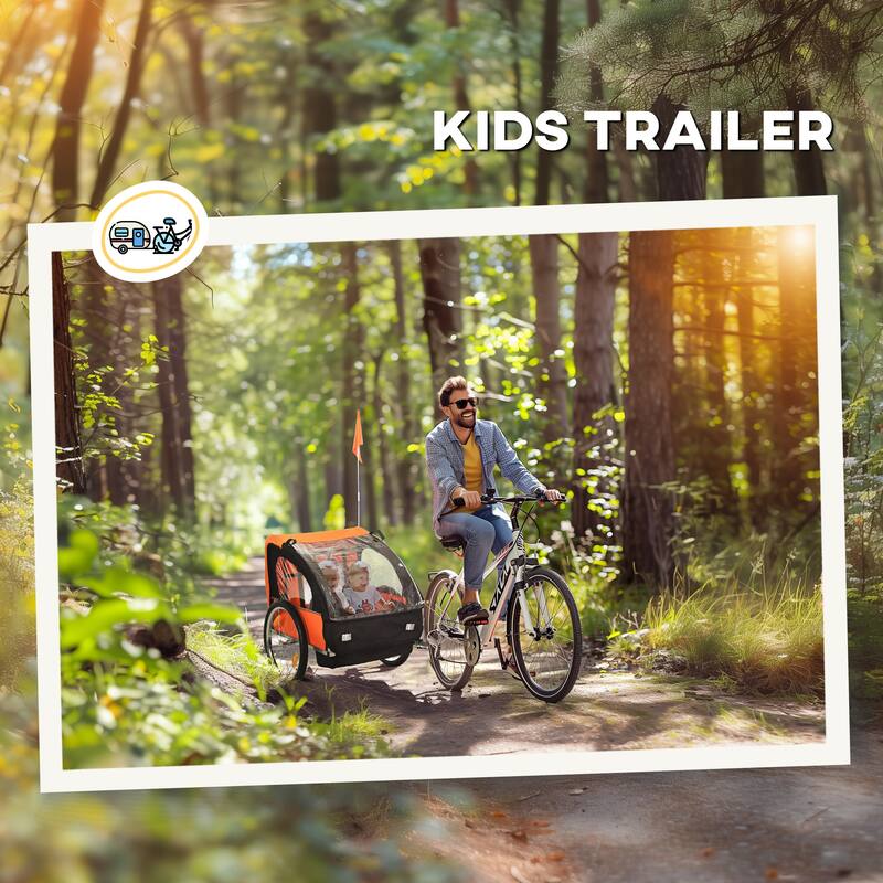 Kids Bike Trailer for Two with Steel Frame, 5-Point Harness, Roll-Up Door, and Large Wheels for Smooth Ride