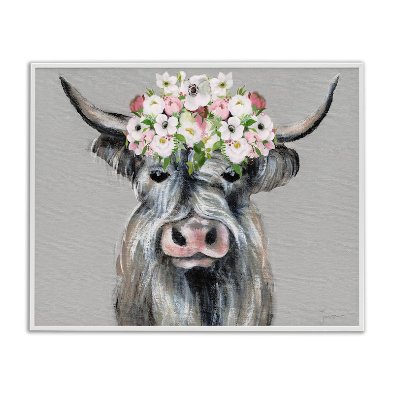Stupell Shabby Chic Cattle with Garland Framed Giclee Art Design By Janet Tava - 20 x 16 - White