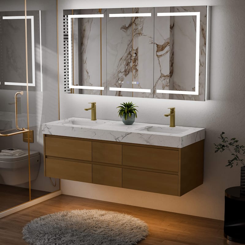Modland 60" Floating Bathroom Vanity, Modern Maple Wood Wall Mounted Vanity with Marble Countertop,6 Soft-Close Drawers