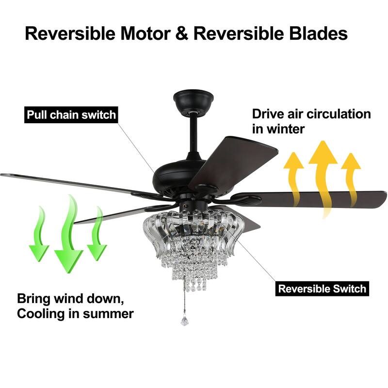 Bella Depot 52" Modern Crystal Ceiling Fan with Remote and Light Kit ,3-speed Reversible Blades