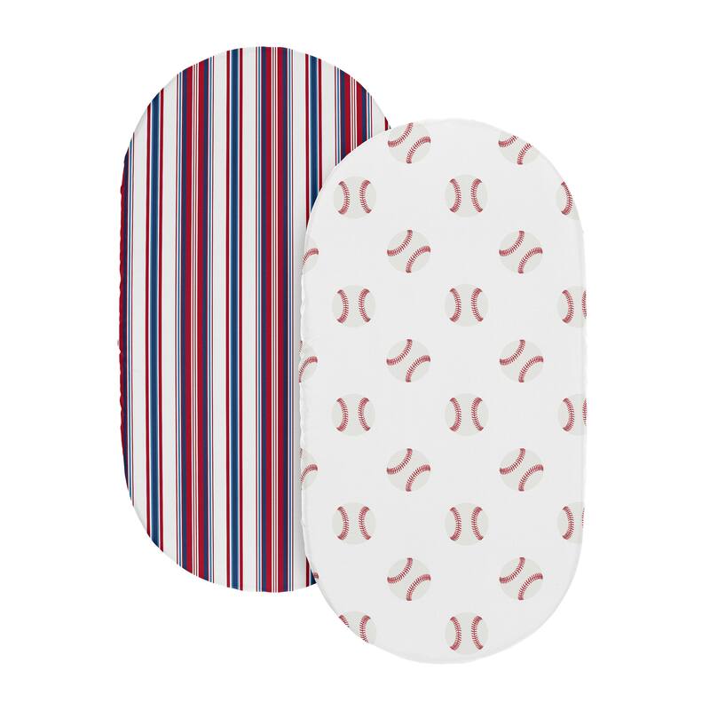 Sweet Jojo Designs Baseball Sport Boy 2 Pack Baby Bassinet Fitted Sheets Red White and Blue Stripes Striped Americana Sports