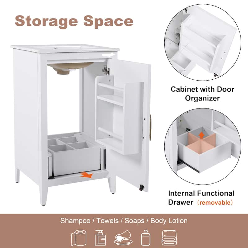 20.3 Inch Bathroom Vanity with Ceramic Sink, Drawer Storage, Soft Close Door, 8-Inch Faucet Compatible
