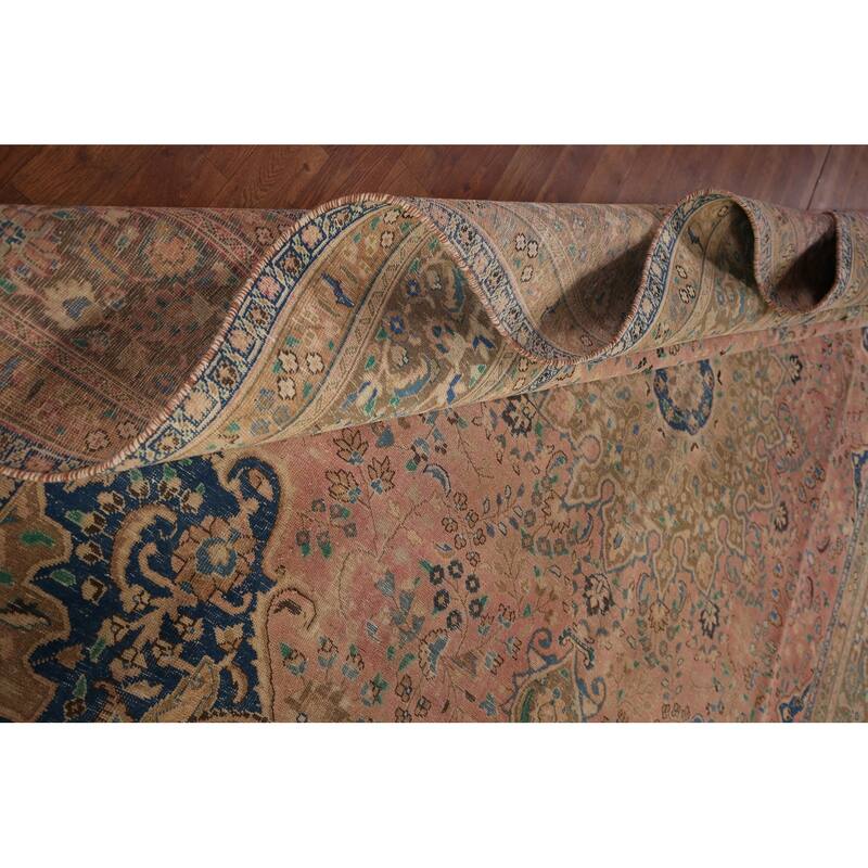 Distressed Mashad Persian Vintage Area Rug Hand-Knotted Wool Carpet - 9'7" x 12'7"