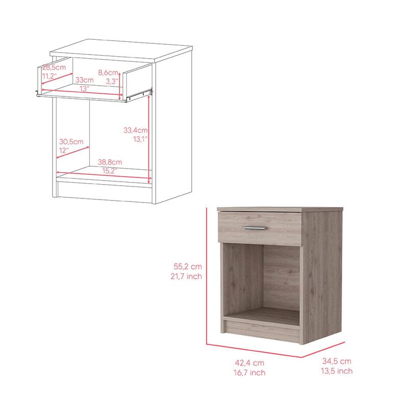 Modern Nightstand with Drawer and Shelf, Light Gray Finish, Durable Manufactured Wood, 21.73" Tall