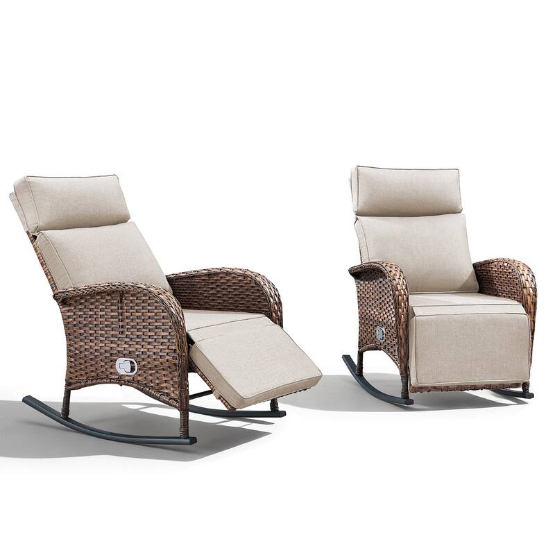 Meyreso Wicker Rocking Reclining Chaise Lounge with Adjustable Backrest & Footrest (2-Pack)