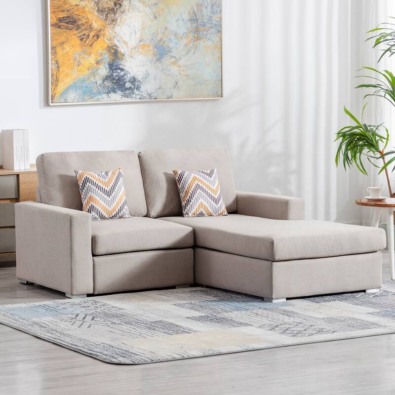 Linen Fabric 2-Seater Reversible Sofa Chaise with 2 Pillows and Interchangeable Legs in Beige