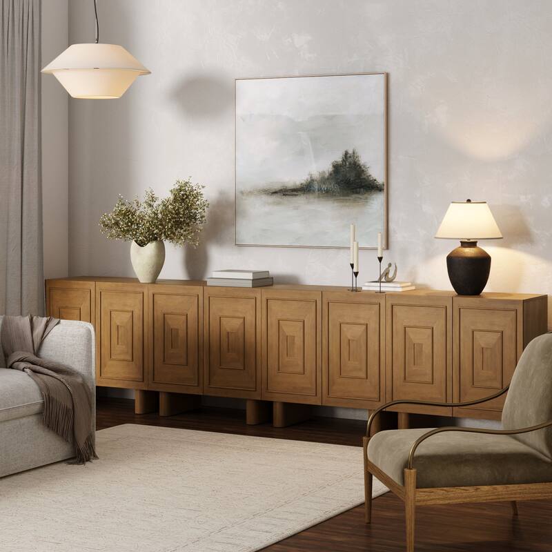 Austin Mid Century Modern Solid Wood Bar Cabinet or Dining Room Buffet with Geometric Doors