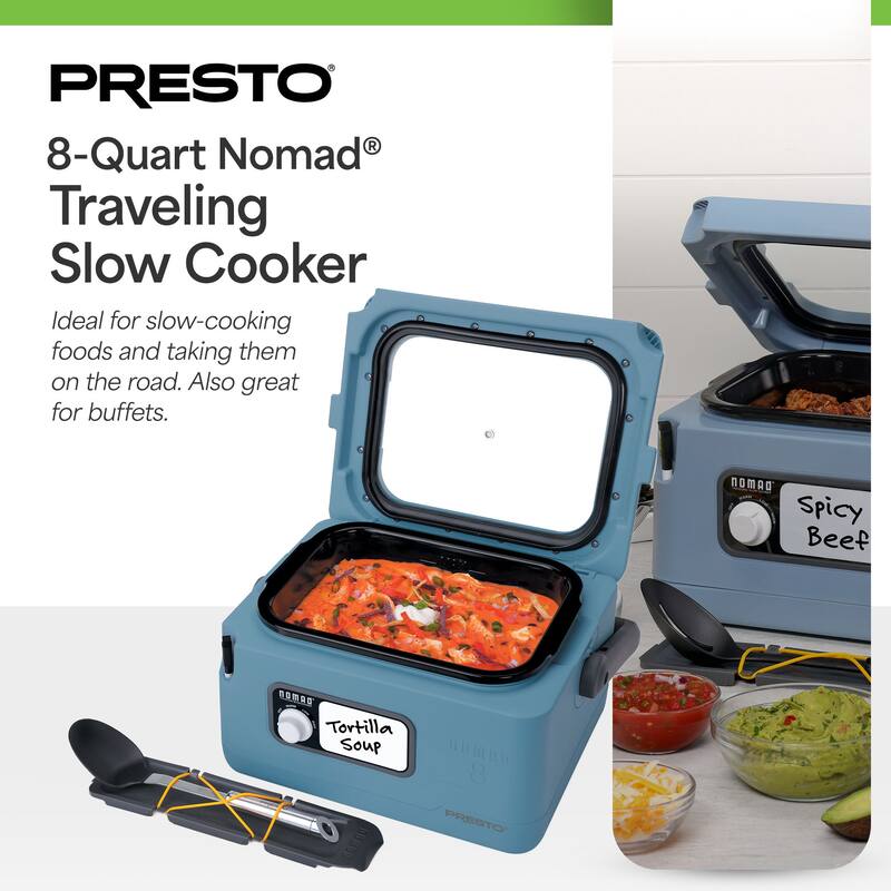 Presto 06019 8 Qt Nomad Portable Electric Slow Cooker, Locking Lid, Green/Gold