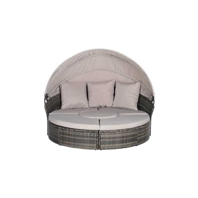 Outdoor Patio 4 Pieces Round Daybed Sunbed with Retractable Canopy, All-weather Wicker Sectional Seating Conversation Set